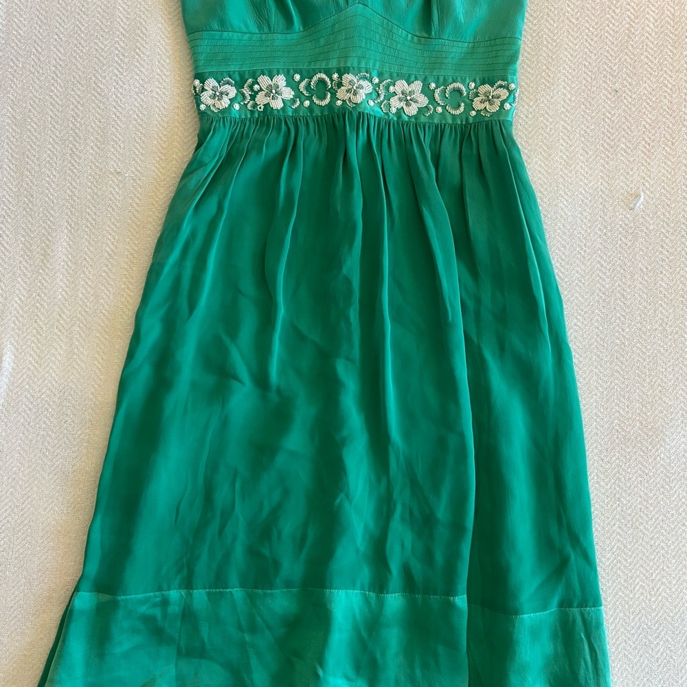Shoshanna Green and Gold Embellished Strapless Sundress